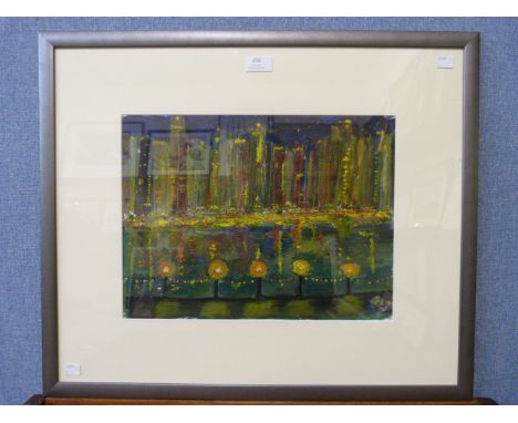 British School, city skyline, mixed media, indistinctly signed, framed 