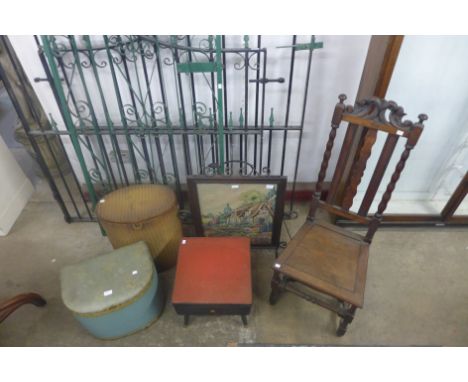 An oak hall chair, a steel firescreen, two linen boxes and a stool 