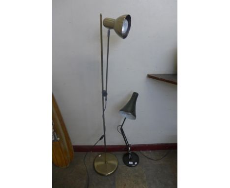 A metal anglepoise desk lamp and a floor standing spotlight 