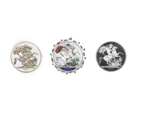 Victoria,Crowns, 1887, 1889, enamelled reverses, the first in seven colours, in removable mount; the second with the field in