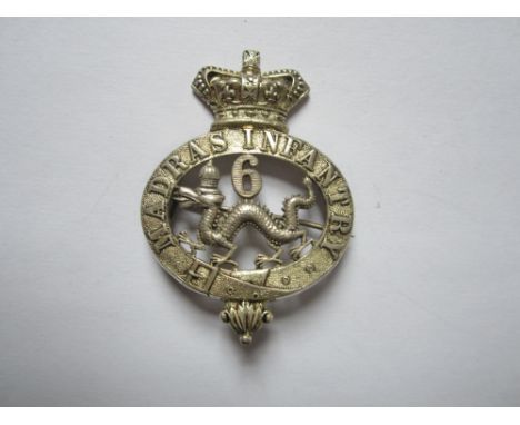 6th Madras Infantry Officer's Headdress Badge c1861-1901,A fine and rare example in die-stamped unmarked silver coloured meta