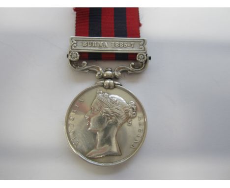 India General Service 1854-95,one bar, Burma 1885-7 (713 Sergt J.Gardner 2nd Bn Som L.I.). Fitted with replacement ribbon rol