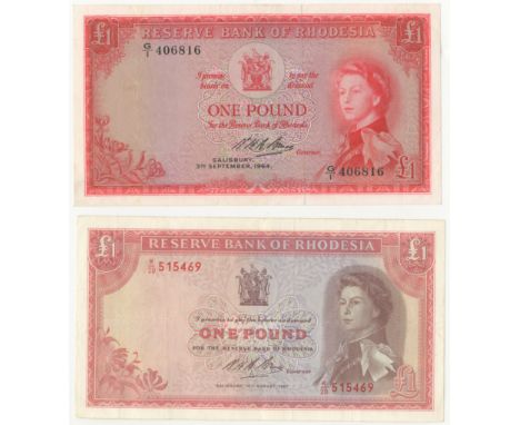 Rhodesia, Reserve Bank,£1(2), 14 September 1964, G/1 406816, 18 August 1967, K/20 515469, signature of N.Bruce (Pick 25a, 28a