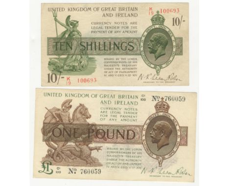 Treasury,N.F.Warren Fisher, 10/-, 1922-27, K/19 100693, £1, 1923-27, C1/100 760059 (Dugg. T30, 31). First very fine-good very