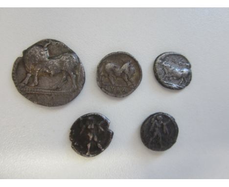 Italy 6th - 5th century BCAr (5) including Sybaris sixth stater, O. Poseidon advancing right. R. bull walking right. G.C.V 43