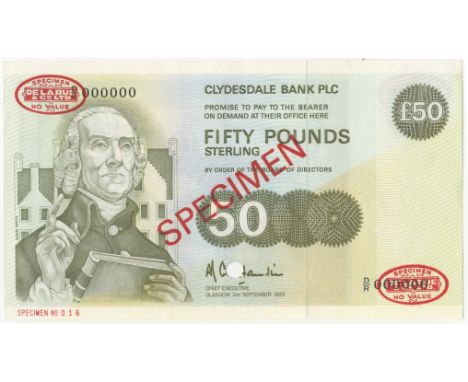 Scotland, Clydesdale Bank plc,£50, 3 September 1989, D/R 000000, De la Rue seals and SPECIMEN on each side, punch-hole throug