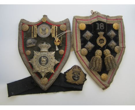 18th Bengal Infantry, 2nd Royal Surrey Militia &amp; Other Insignia,A variety of items mounted on two small shield shaped vel