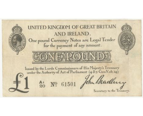 Treasury,John Bradbury, £1, 1914-16, A1/20 61501 (Dugg. T11-2). First prefix for this type. Small patch of smudging on right 