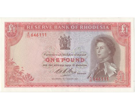 Rhodesia, Reserve Bank,£1, 18 August 1967, K/20 646111, signature of N.Bruce (Pick 28b). Good very fine-extremely fine. (1)Fo