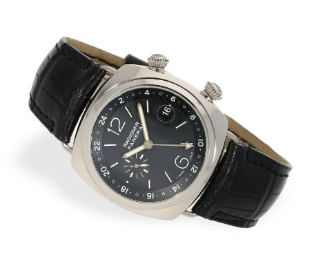 Armbanduhr: Radiomir Panerai GMT PAM00185, Box und Papiere von 2009: Ca. 41 × 41mm, Kissengehäuse, 18K Weißgold, Saphirboden,