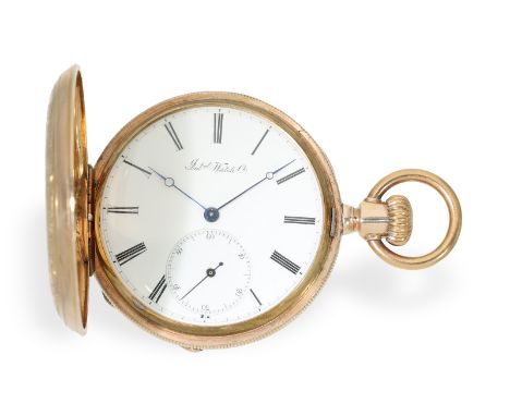 Taschenuhr: seltene IWC Kaliber Jones im goldenen Prunkgehäuse, ca. 1873: Ca. Ø 50mm, ca. 100g, 14K Rotgold, originales, sign