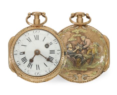 Taschenuhr: hochfeine Spindeluhr mit Repetition und 4-Farben-Goldgehäuse, Dutertre Paris Meister, um 1750: Ca. Ø41,5mm, 18K G