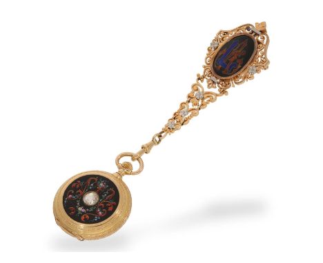 Hochfeine Neorenaissance Gold/Emaille Taschenuhr mit Diamantbesatz und dazugehöriger Chatelaine, Genf um 1880: Ca. Ø 37mm, ca