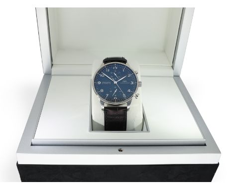 Armbanduhr: sehr schöner IWC Portugieser Chronograph Referenz 3714, mit Originalbox: Ca. Ø 41mm, Edelstahl, verschraubter Bod