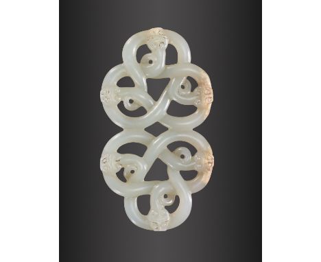 AN ARCHAISTIC PALE CELADON JADE 'COILED CHILONG' PENDANT, QINGChina, 18th century, Qing dynasty (1644-1912). Beautifully exec