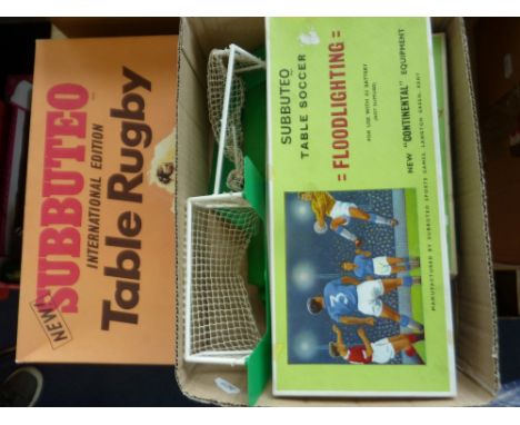 A BOXED SUBBUTEO INTERNATIONAL EDITION TABLE RUGBY SET, contents not checked but appear largely complete, box missing insert,