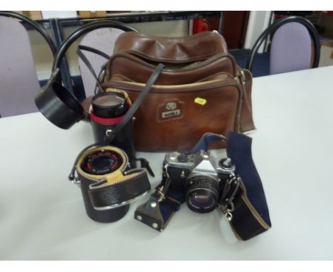 A CARRYING CASE OF CAMERA EQUIPMENT, including a Pentax ME Super with 50mm 1:1.7 lens attached, three other lenses and flash 