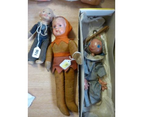 A NORAH WELLINGS SAILOR DOLL, missing hat, some wear, height approximately 20cm, with a composition head (painted cardboard) 