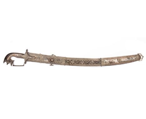 INDO-PERSIAN CEREMONIAL SHORT SABRE,likely 19th century, unmarked, the white metal hilt with cross guard and stylised detail,