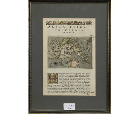 DESCRITTIONE DELL' ISOLA DI SCOTIA, TOMASO PORCACCHI (1530-1585),circa 1572, manuscript leaf with later hand coloured illustr