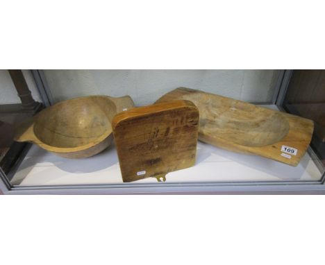 2 treen bowls & wall shelf