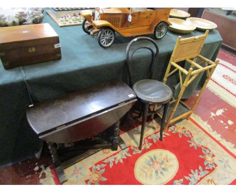 Small oak gateleg table, bentwood chair and bamboo stick stand