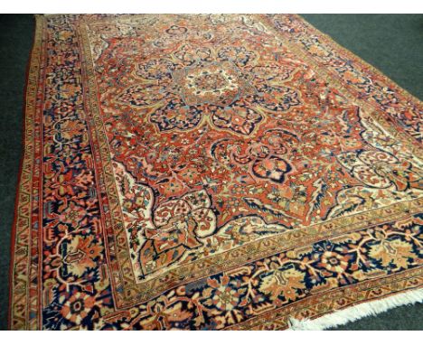 EXCELLENT LARGE PERSIAN WALL CARPET with intricate red ground and blue design, 405 x 285cms