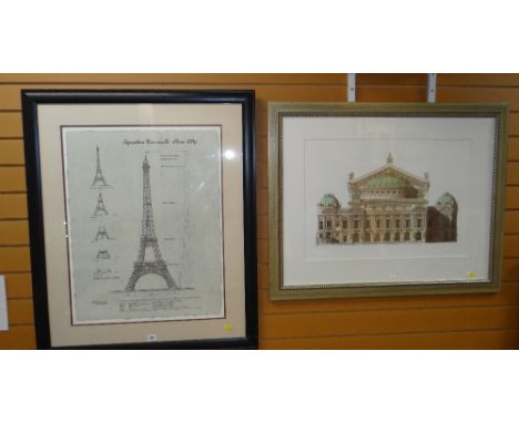 TWO MODERN FRAMED ARCHITECTURAL PRINTS FOR THE EIFFEL TOWER entitled 'Exposition universelle, Paris 1889' , and 'Le Theatre D
