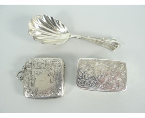 SILVER ENGRAVED SNUFF BOX (BIRMINGHAM 1899), caddy spoon (London 1903), vesta case (Birmingham 1903) (3)