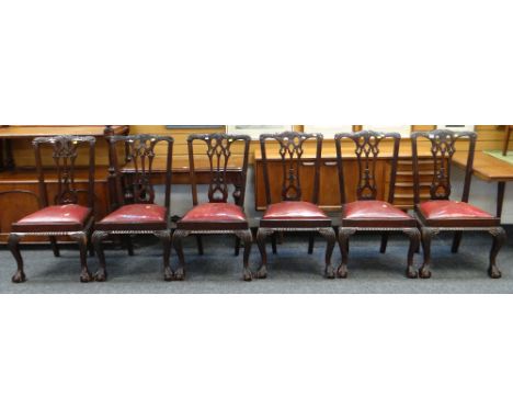 GOOD SET OF SIX CHIPPENDALE STYLE MAHOGANY DINING CHAIRS, drop in red leather covered cushion seats, ball and claw supports a
