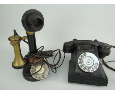TWO VINTAGE BAKELITE / CELLULOID TELEPHONES, one being a two piece candlestick type, the other traditional GPO type