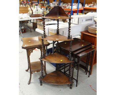 ANTIQUE FOUR SHELF WHAT-NOT / MAHOGANY OCCASIONAL TABLE / NEST OF THREE COFFEE TABLES (3)