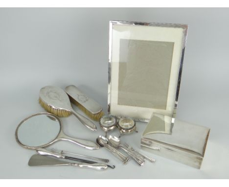 ASSORTED ENGLISH SILVER including rectangular easel-portrait frame 29.5 x 20.5cms, three-piece silver dressing table set, rec