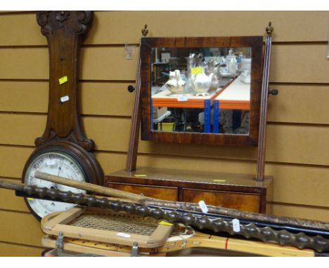 VINTAGE ITEMS INCLUDING TENNIS RACKET / WALKING STICKS / TOILET MIRROR / BAROMETER 