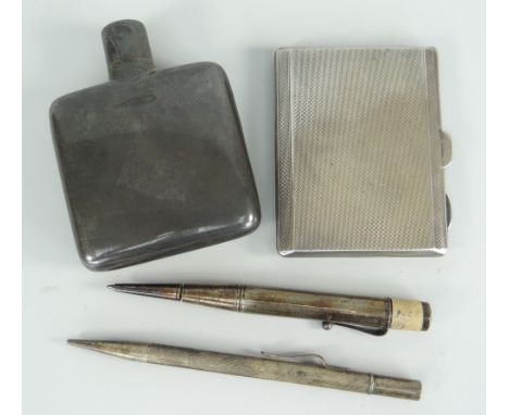 SILVER HIP FLASK CHESTER, together with silver engine turned cigarette case and two silver propelling pencils