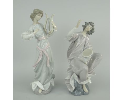 TWO LLADRO PORCELAIN MODELS both musicians, one playing a lyre, the other with a tambourinebroken finger on the tambourine fi