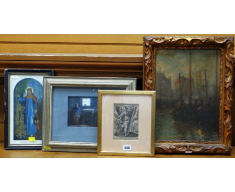 FOUR SUNDRY PICTURES comprising Jacques Dove (Belgian / French 1861-1929) oil on canvas harbour scene, signed (in good carved