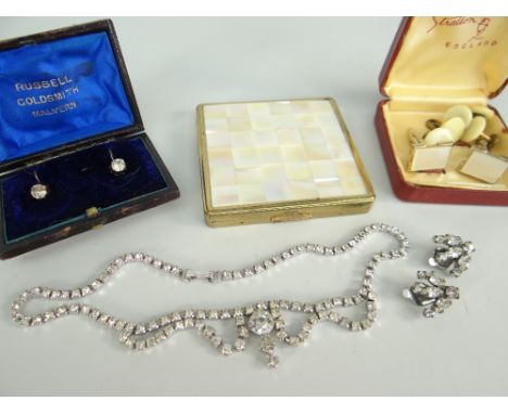 PARCEL OF COSTUME JEWELLERY to include mother of pearl compact, earrings, cuff links etc