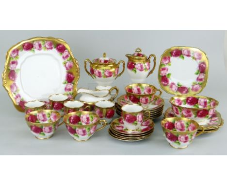 ROYAL ALBERT ROSE &amp; GILDED TEAWARE approximately 30 pieces, including cream jug, lidded sucrier