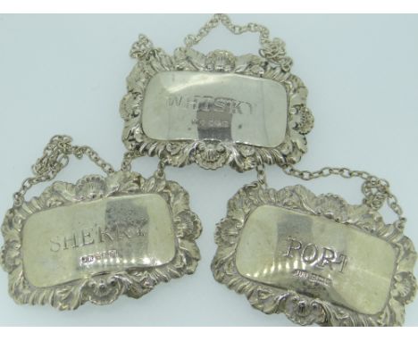 SET OF THREE SILVER DECANTER LABELS engraved for Whisky, Sherry and Port, Birmingham hallmarks, makers initials J R (3)