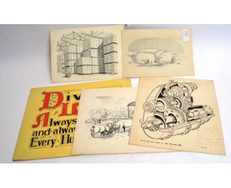 STUCKEY, various to include engineering sketch of 'Vee reduction box', farmyard scene, sleeping puppy and illustrated 'Divine