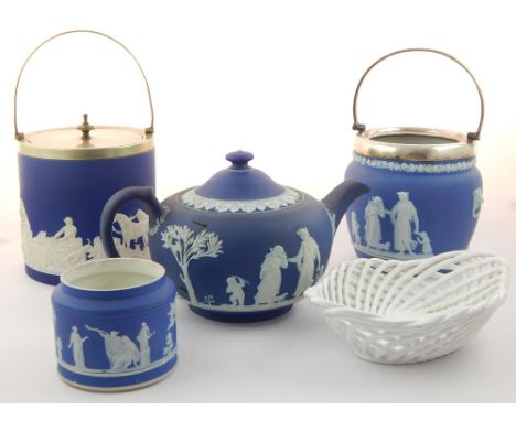 Wedgwood Jasperware teapot, typical colourway decorated with classical figures, 15cm h, with a similar sucrier, two biscuit b