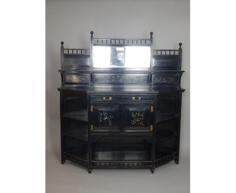 Late Victorian ebonised sideboard in the aesthetic manner, the mirrored raised back a shelf above floral painted panels, the 