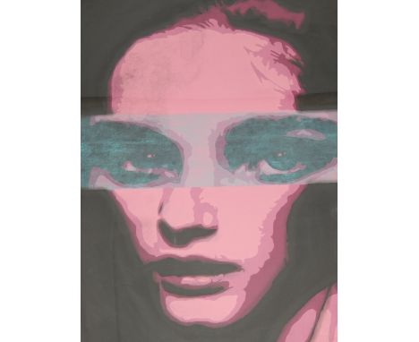 Vladinsky, contemporary Romanian school, pink portrait of a woman with large eyes, acrylic on canvas, signed lower left, 99 x