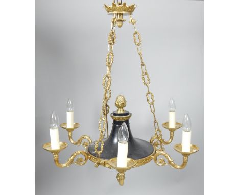 An Empire style brass six branch chandelier, 62cm d