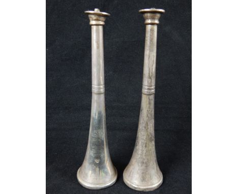 Pair of hallmarked silver hunting horns converted to stirrup cup / tapering lighter, c.1925, 19cm h