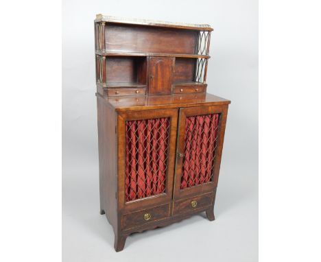 19th century mahogany chiffonier, the raised back with three quarter gallery, two shelves and cupboard flanked by two drawers