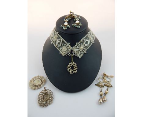 Two 19th C pearl decorated mourning brooches, two pairs of pearl earrings, and a bead choker (5)