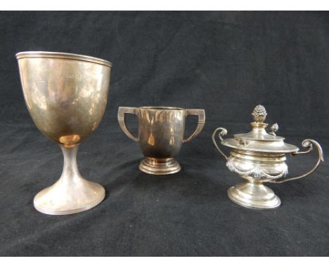 'Bayonet versus Bayonet' twin handle trophy cup, 1925, 9.9cm h, hallmarked silver stem cup on circular foot, and a 1912 silve