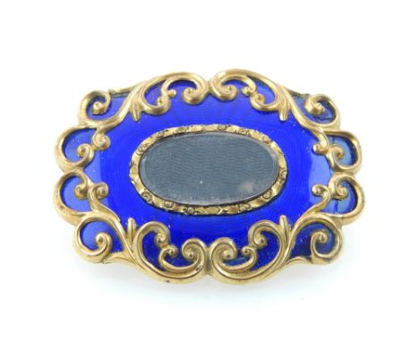 Mourning brooch, Rococo scrolls, blue guilloche enamel, 5.8cm w